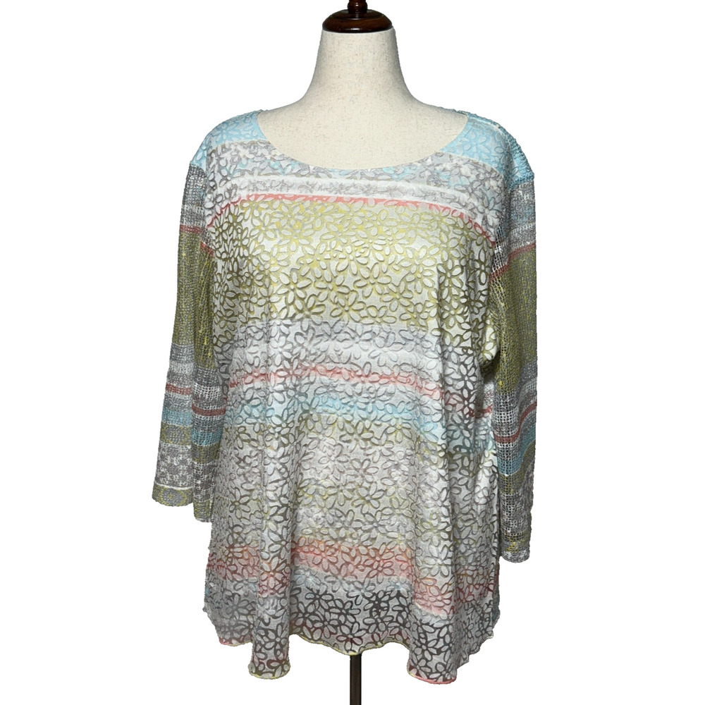 Ali Miles Top Womens 2X‎ Burnout Green Blue Pastel Colorful Mesh Overlay Artsy